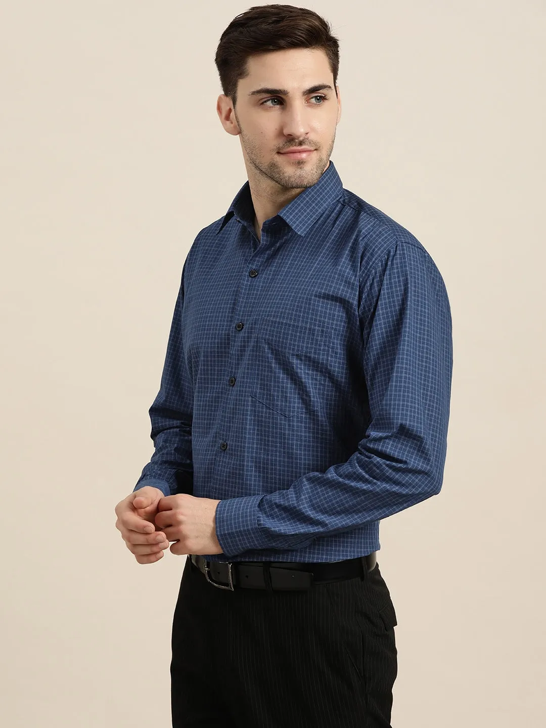Men Navy Blue & Chack Checks Pure Cotton Slim Fit Formal Shirt