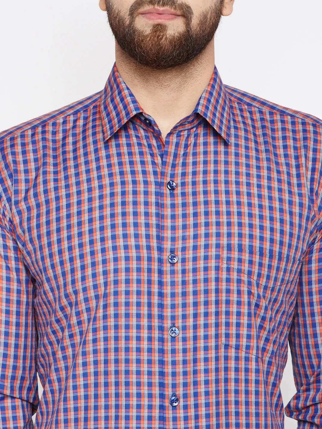 Men Orange Checks Cotton Rich Slim Fit Formal Shirt
