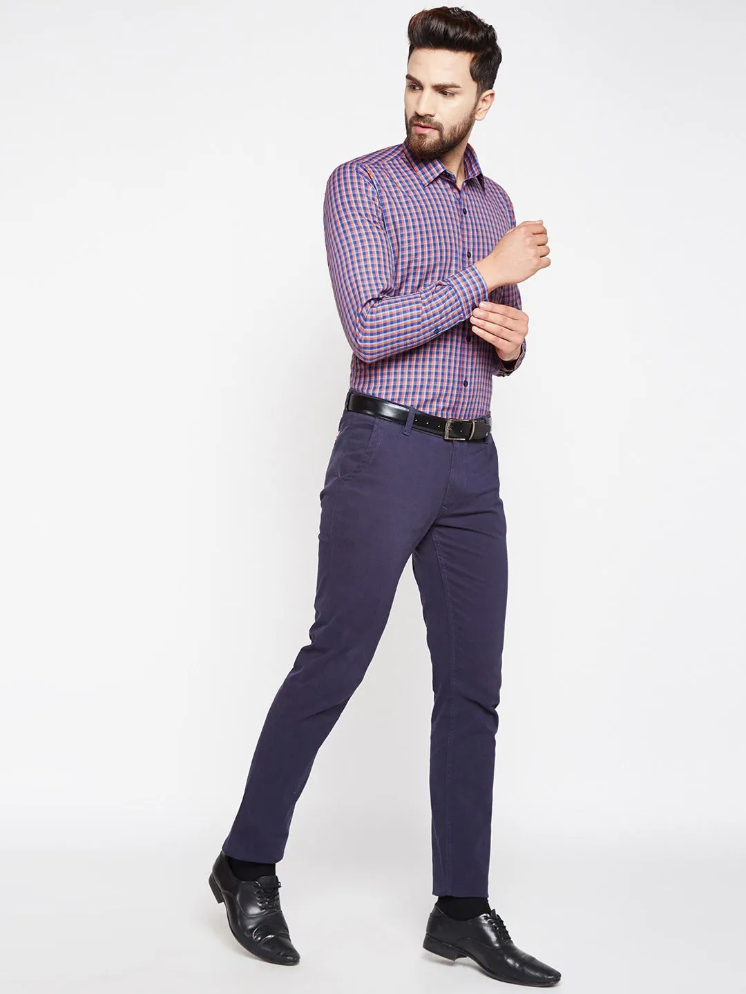 Men Orange Checks Cotton Rich Slim Fit Formal Shirt