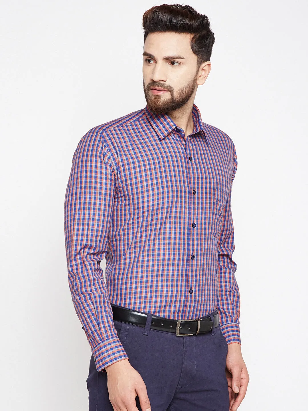 Men Orange Checks Cotton Rich Slim Fit Formal Shirt