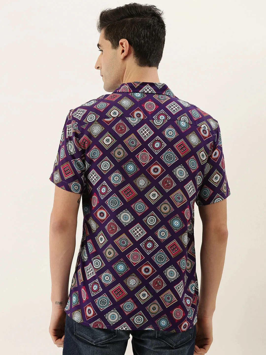 Men Purple Printed Pure Cotton Relaxed Fit Casual Resort Shirt
