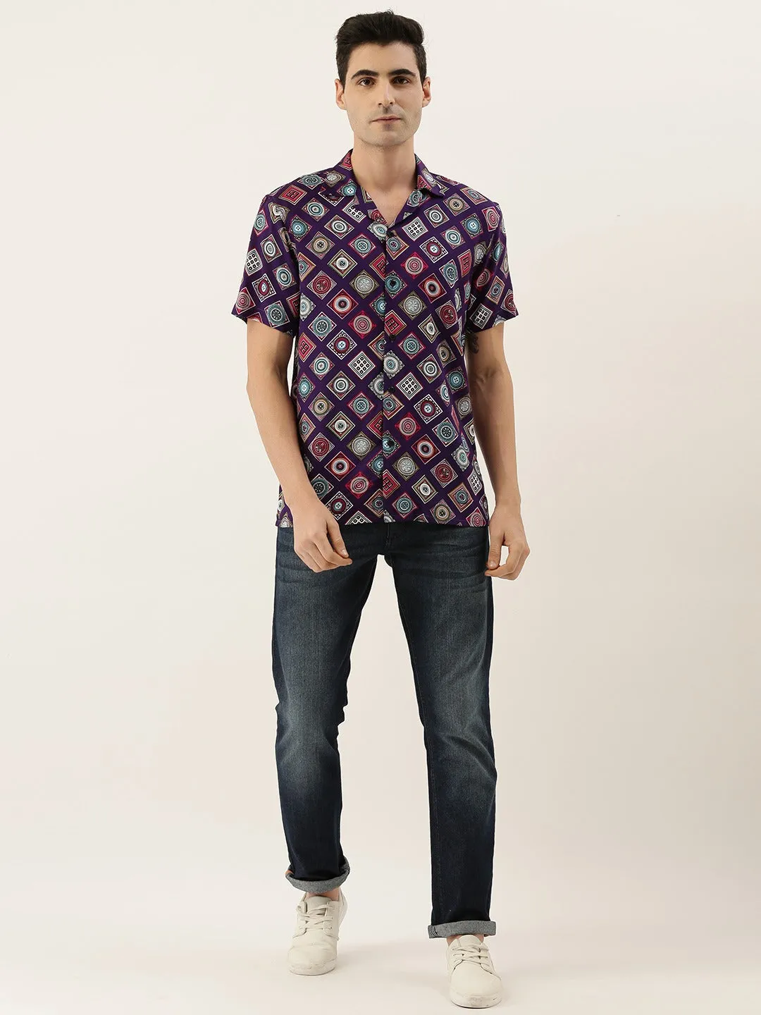 Men Purple Printed Pure Cotton Relaxed Fit Casual Resort Shirt
