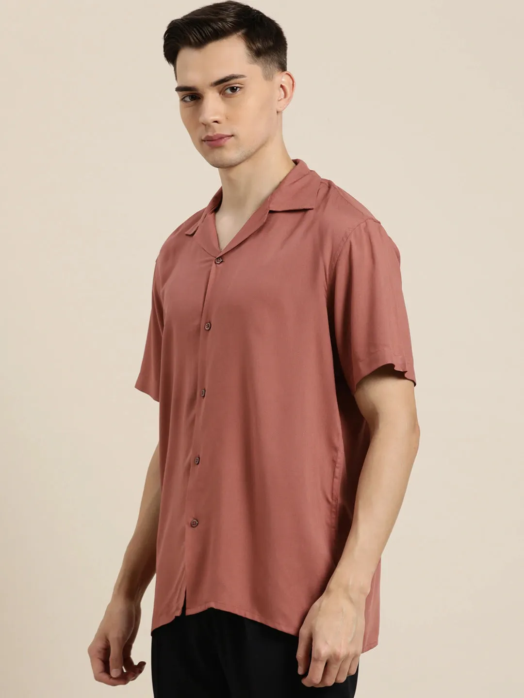Men Rust Solid Viscose Rayon Relaxed Fit Casual Resort Shirt