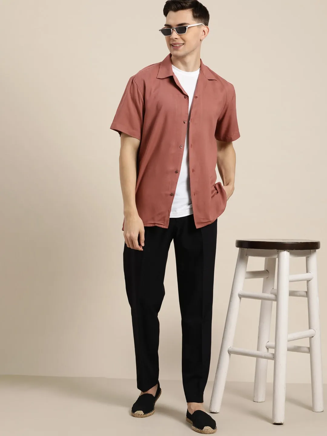 Men Rust Solid Viscose Rayon Relaxed Fit Casual Resort Shirt