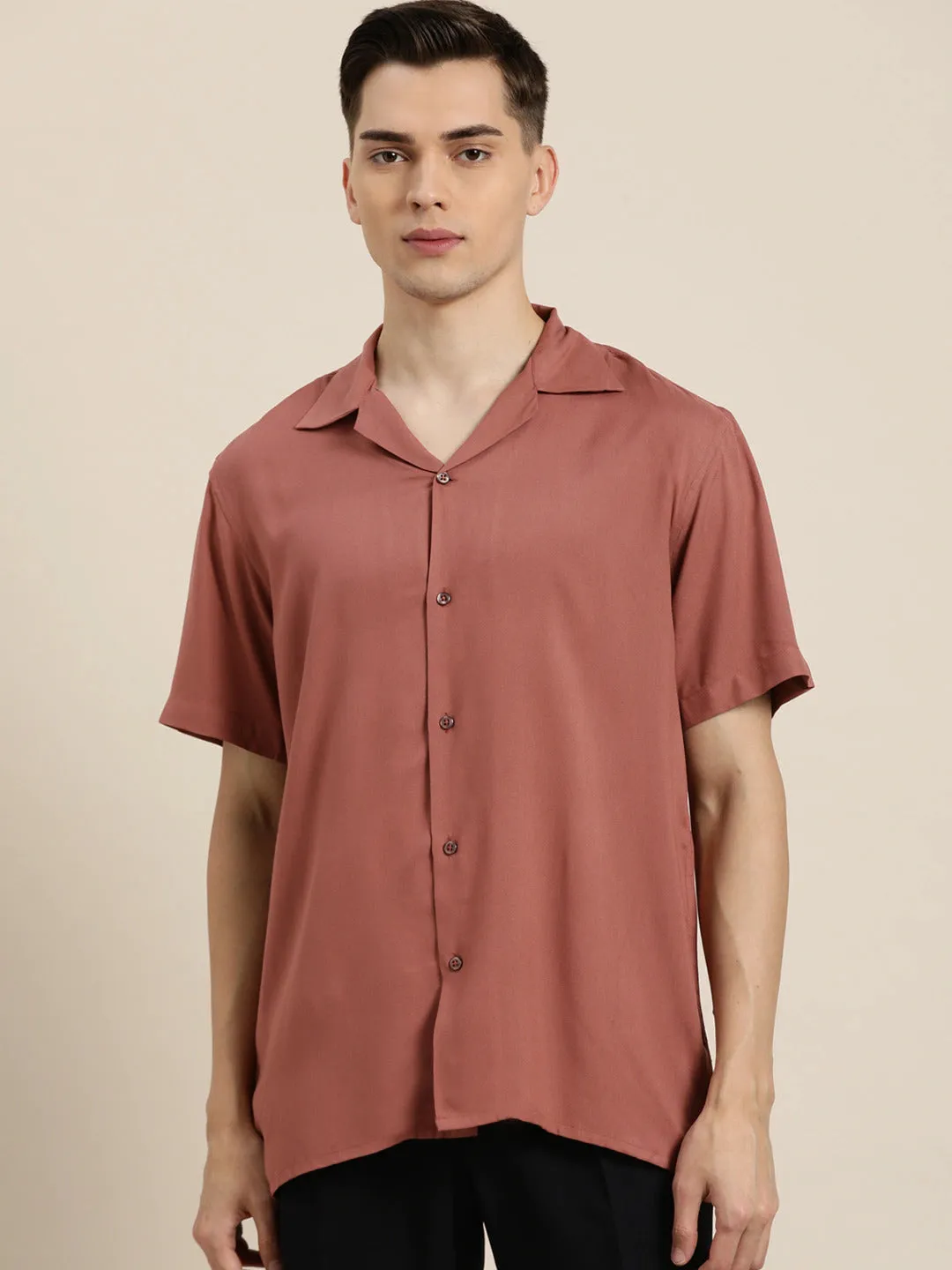 Men Rust Solid Viscose Rayon Relaxed Fit Casual Resort Shirt