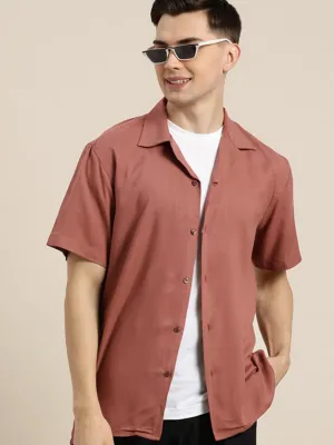 Men Rust Solid Viscose Rayon Relaxed Fit Casual Resort Shirt