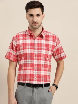 Men White & Coral Checks Pure Cotton Slim Fit Formal Shirt