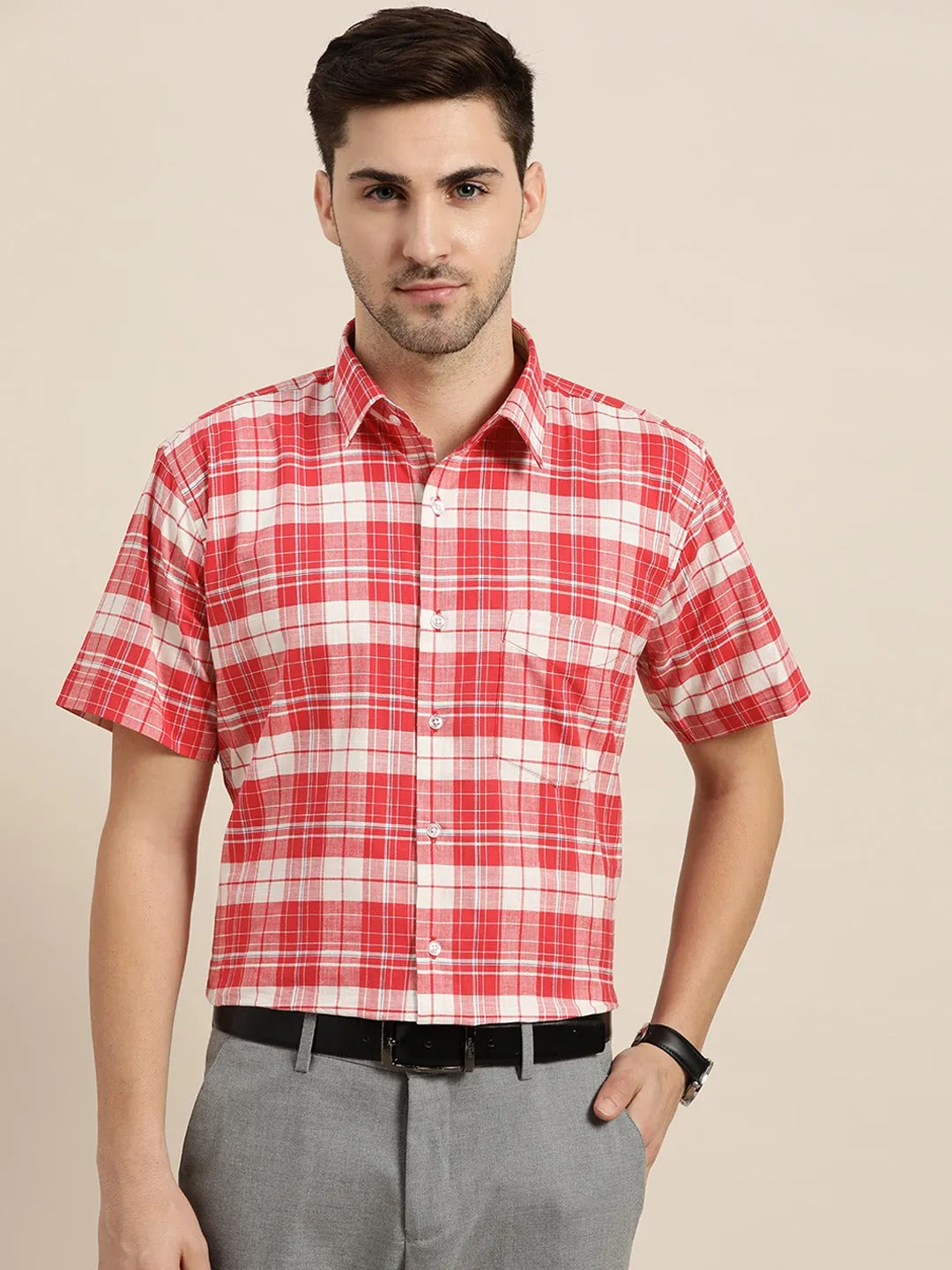 Men White & Coral Checks Pure Cotton Slim Fit Formal Shirt