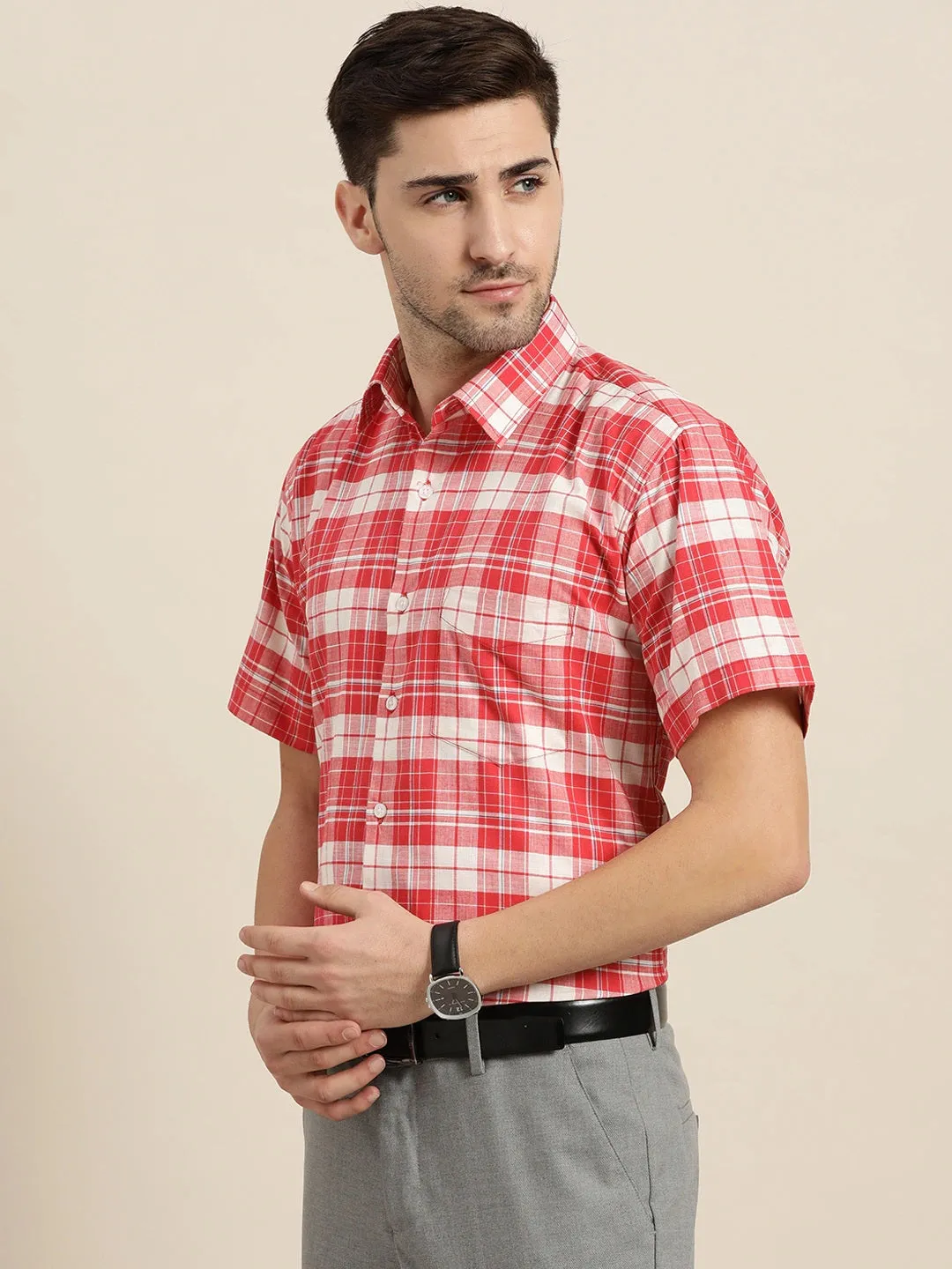 Men White & Coral Checks Pure Cotton Slim Fit Formal Shirt