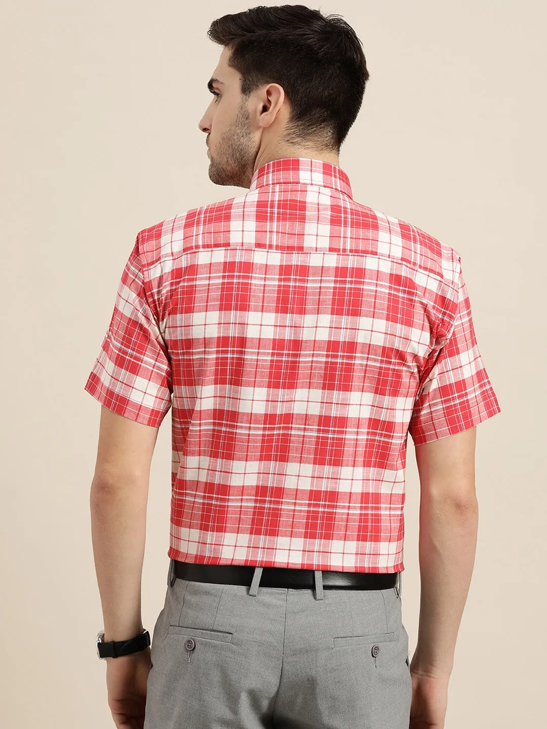 Men White & Coral Checks Pure Cotton Slim Fit Formal Shirt