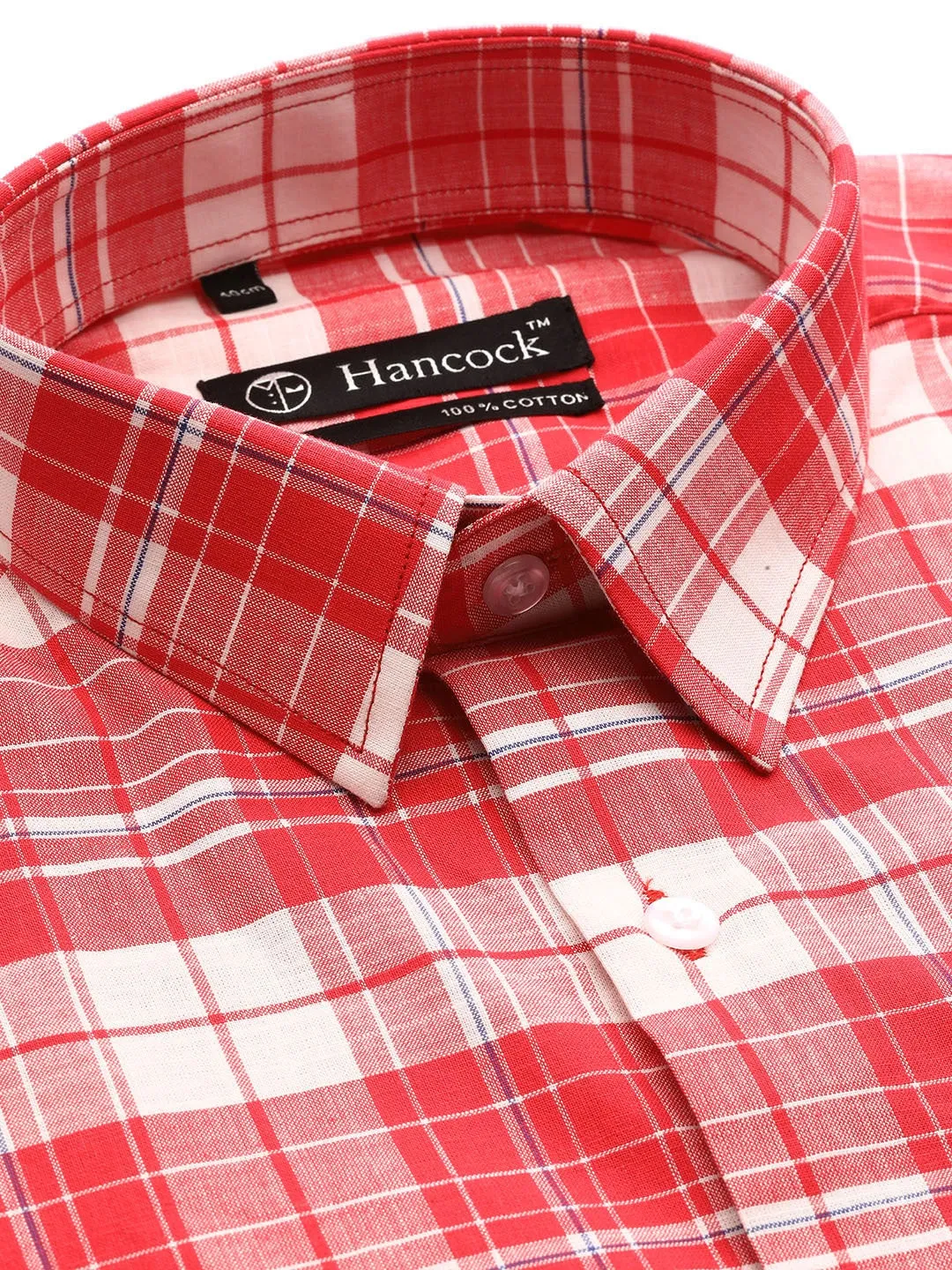 Men White & Coral Checks Pure Cotton Slim Fit Formal Shirt