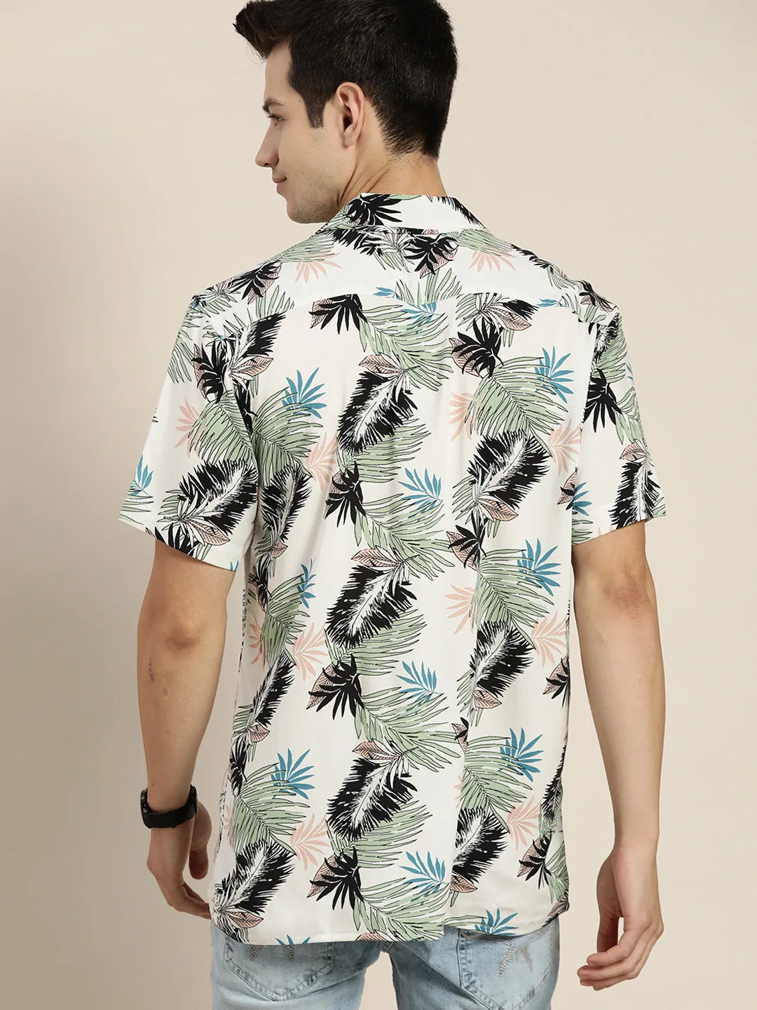 Men White & Green Prints Viscose Rayon Relaxed Fit Casual Resort shirt