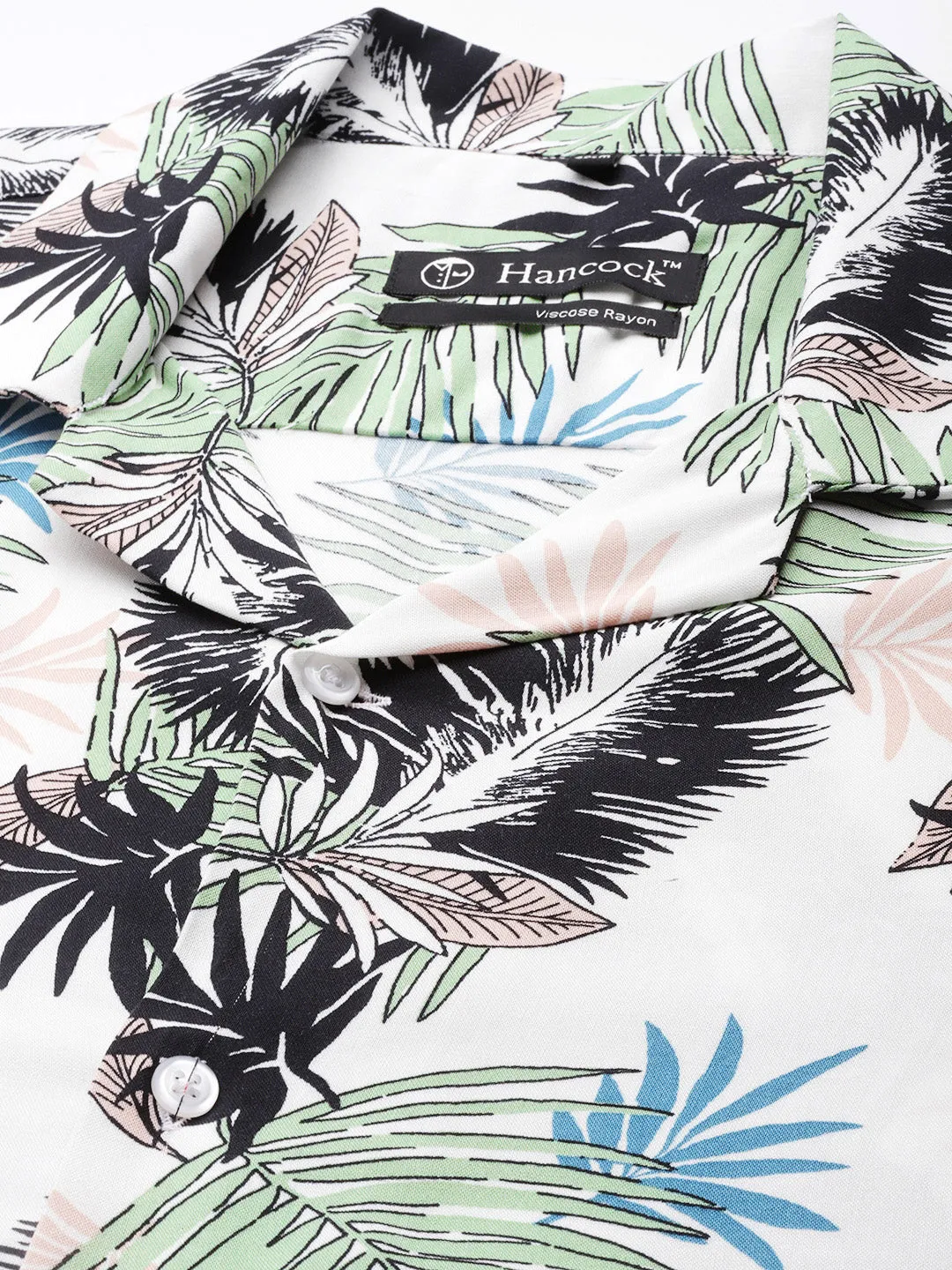 Men White & Green Prints Viscose Rayon Relaxed Fit Casual Resort shirt