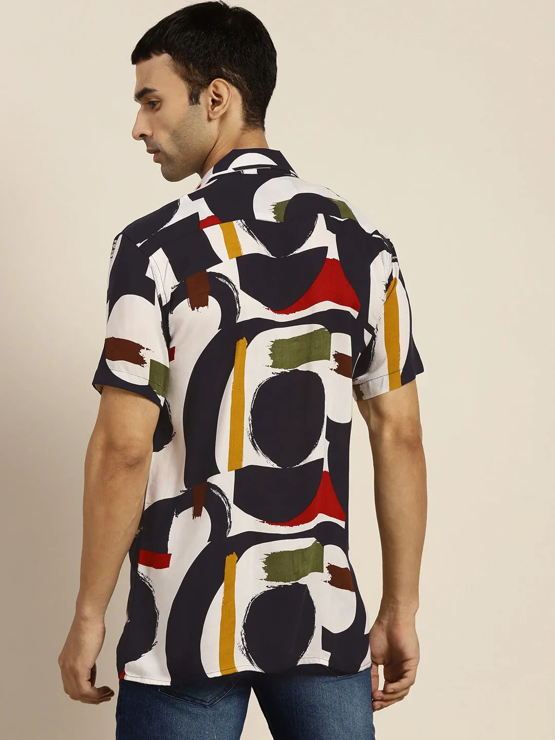 Men White & Navy Prints Viscose Rayon Relaxed Fit Casual Resort Shirt