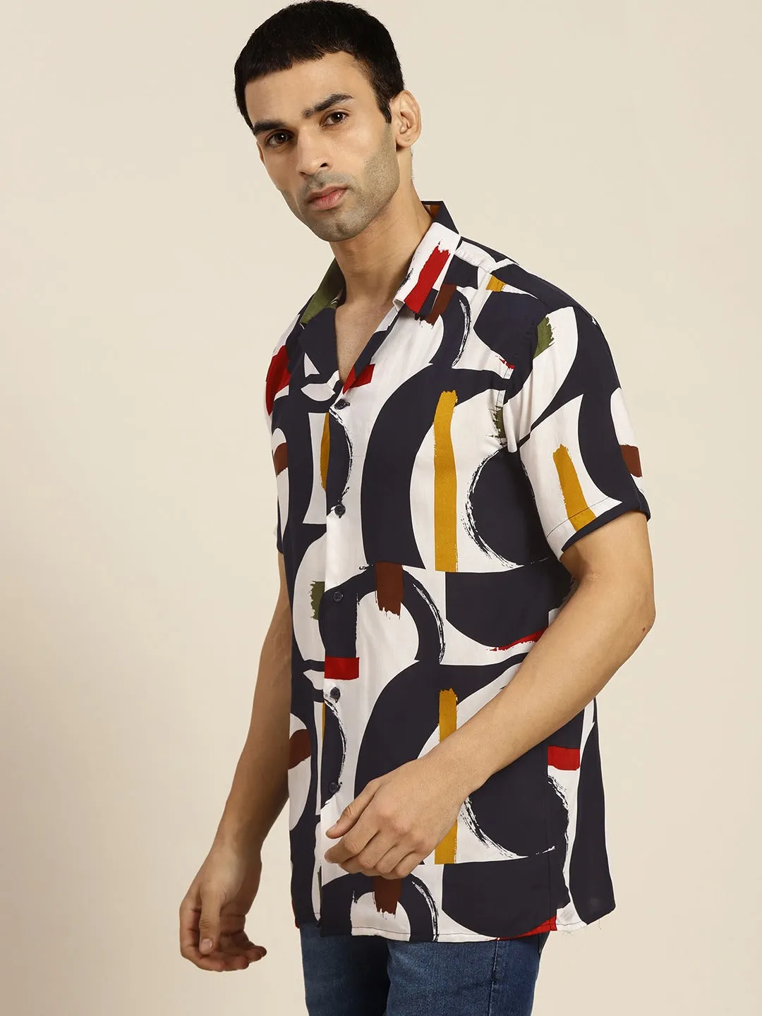 Men White & Navy Prints Viscose Rayon Relaxed Fit Casual Resort Shirt