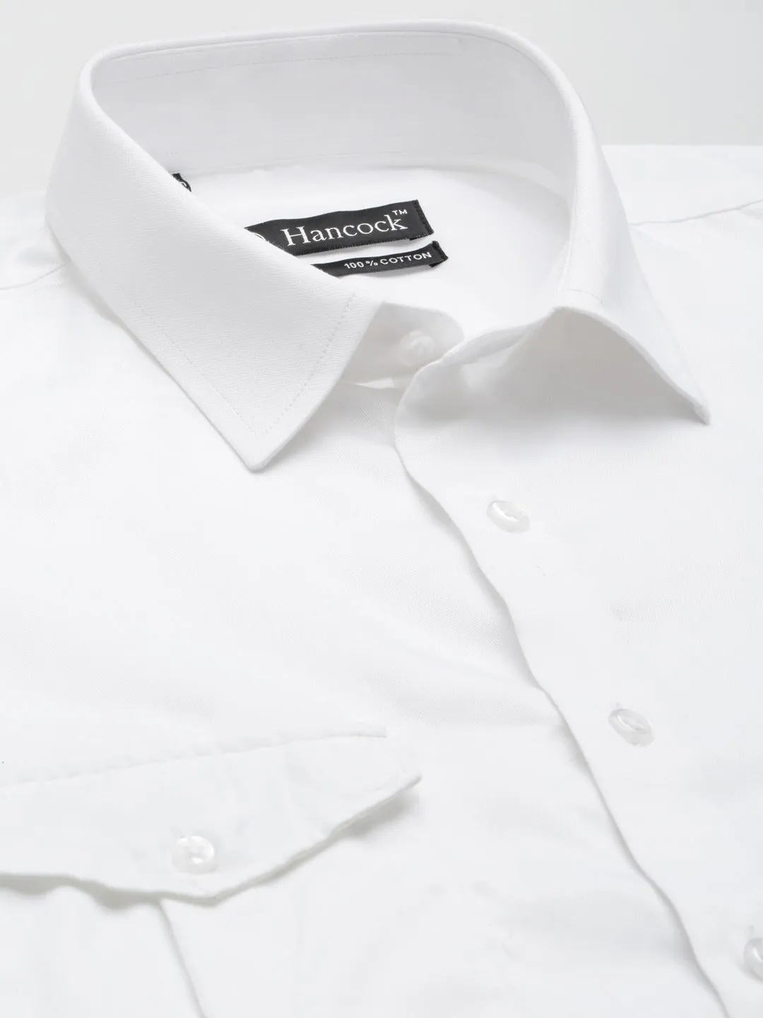 Men White Solid Double Pocket Double Flap Pure Cotton Slim Fit Formal Shirt