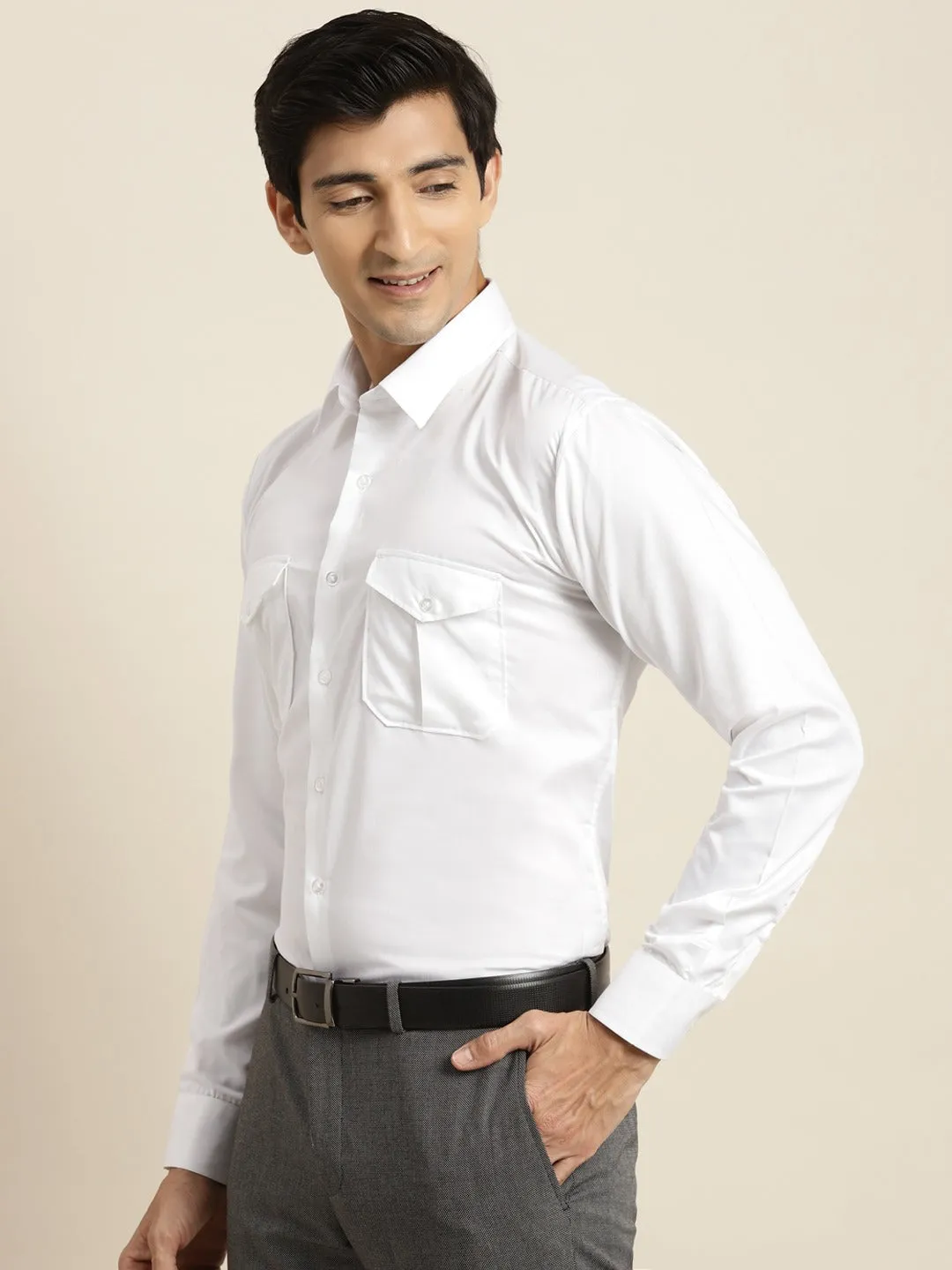 Men White Solid Double Pocket Double Flap Pure Cotton Slim Fit Formal Shirt