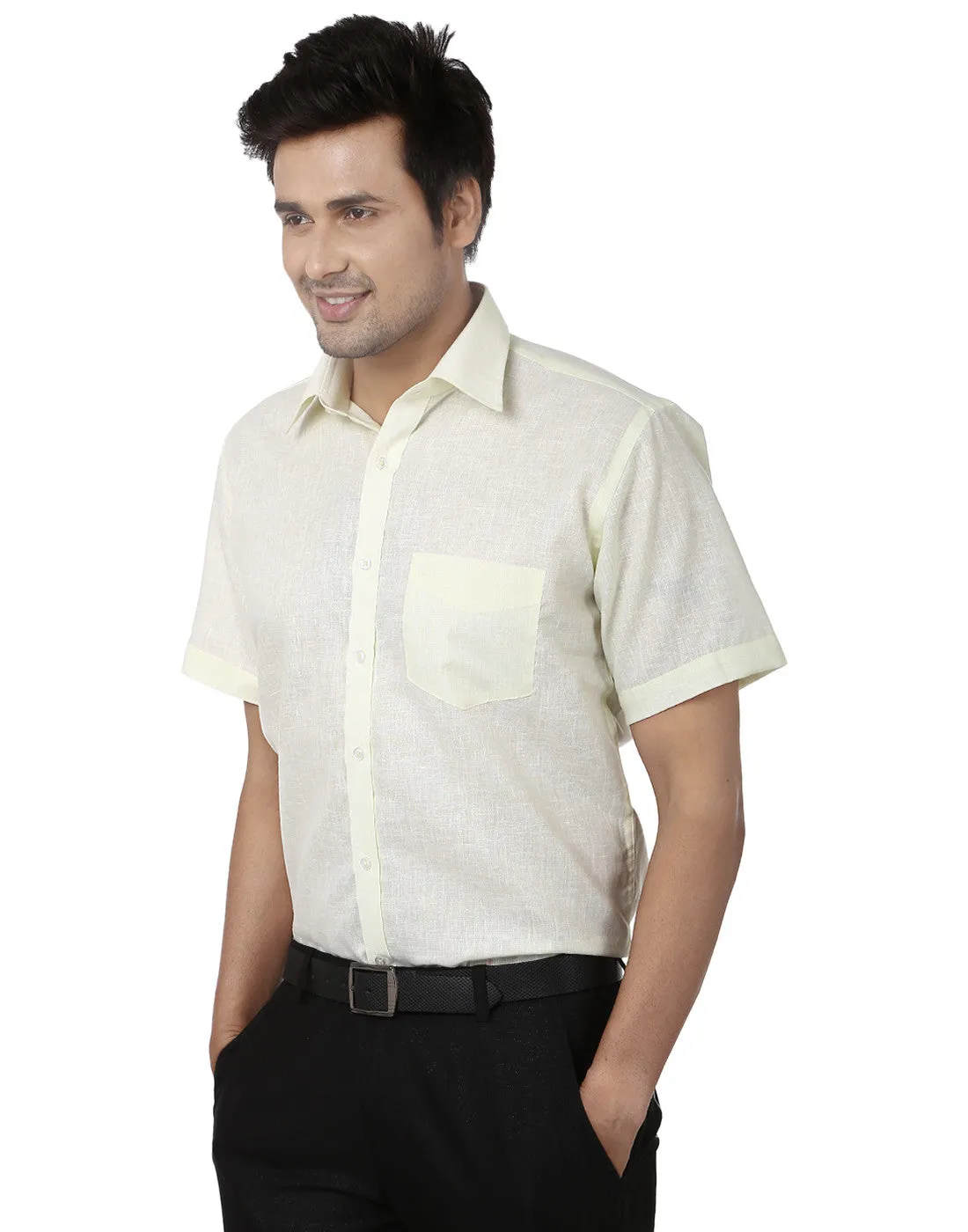 Men Yellow Solid Cotton Rich Regular Fit Formal Shirt