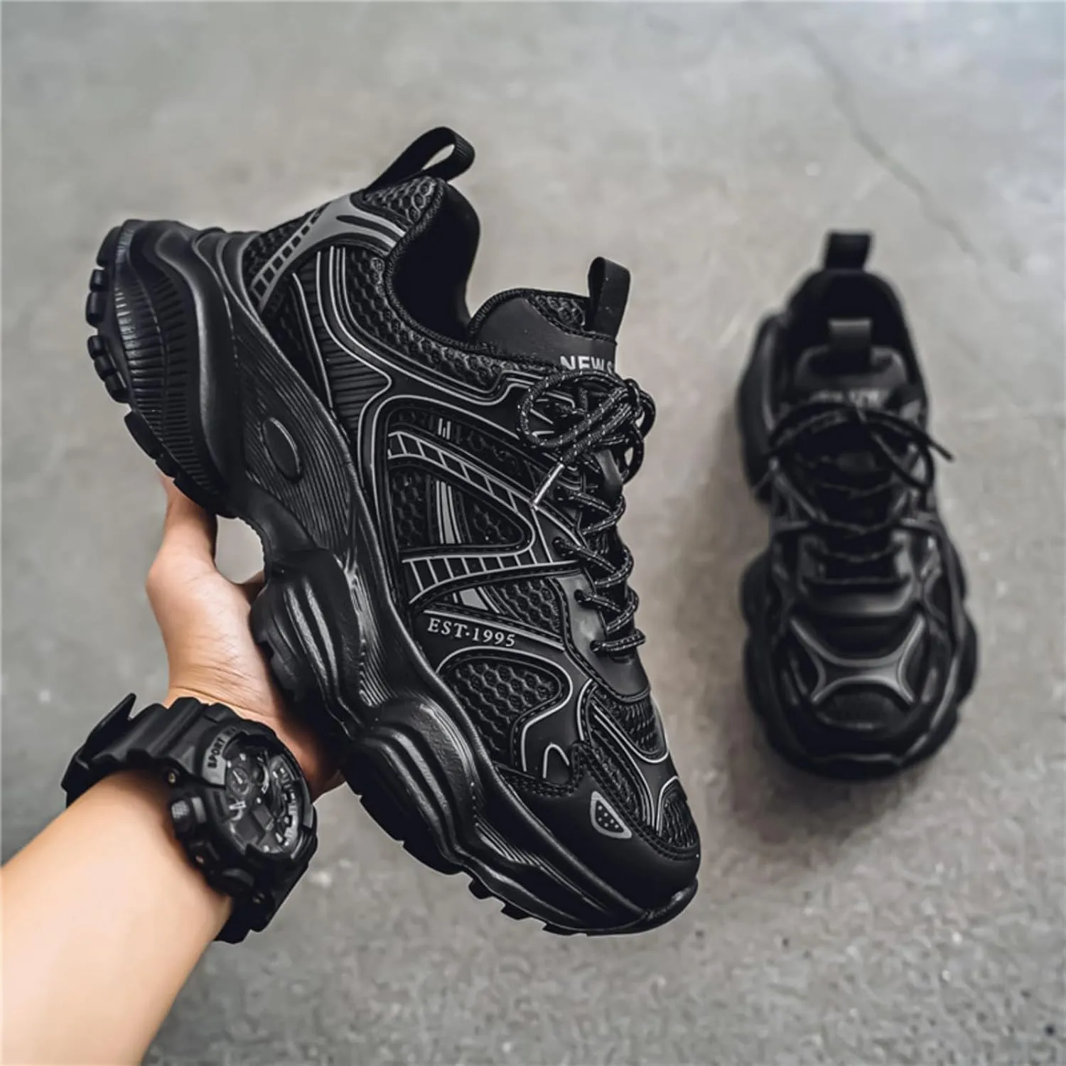 Men's Fashion Breathable Chunky Platform Lace-Up Sneakers Retro Non Slip Workout Sport Dad Shoes for Tennis Walking Driving Daily