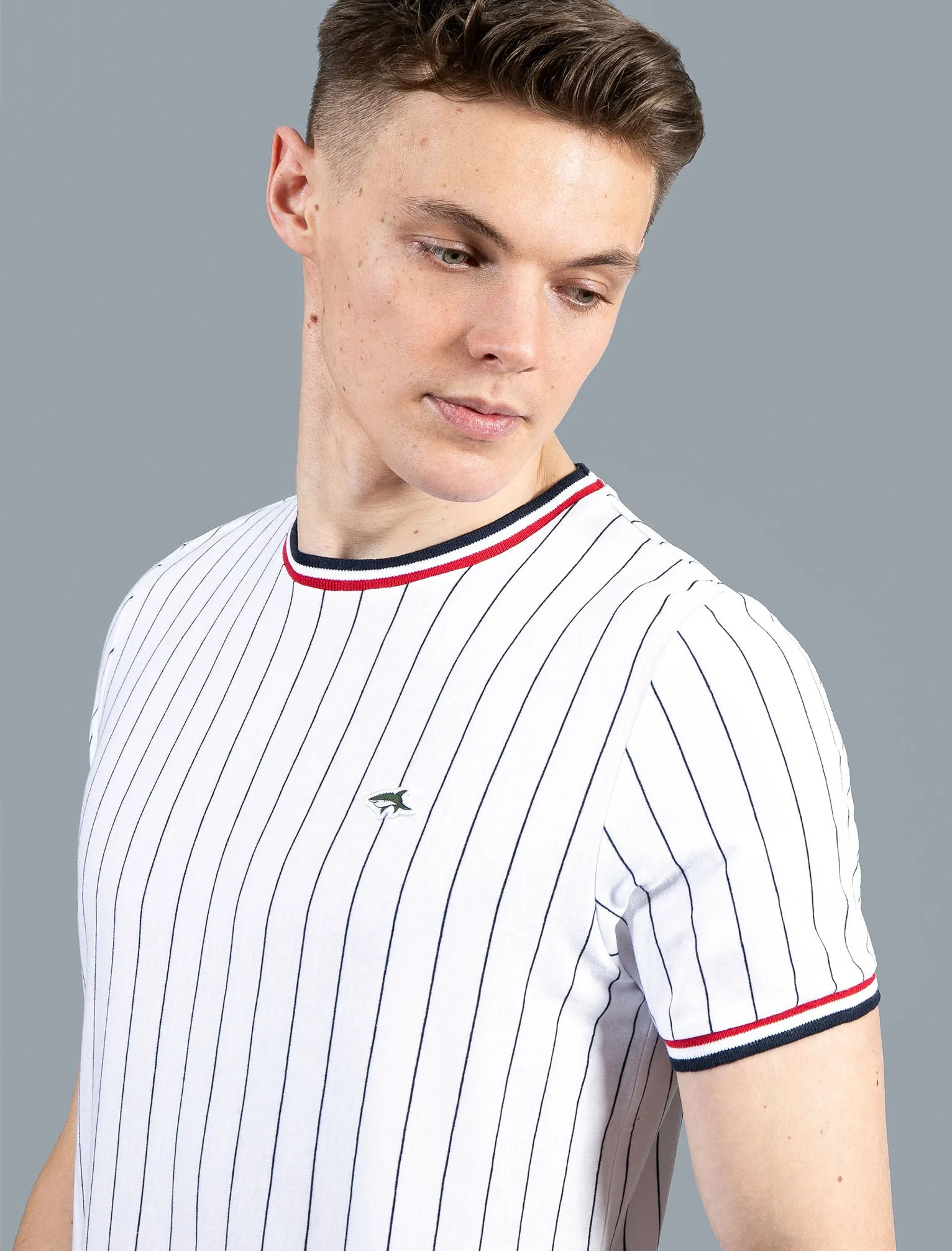 Montague Pinstripe Cotton Jersey T-Shirt with Ribbed Tipping in Bright White - Le Shark