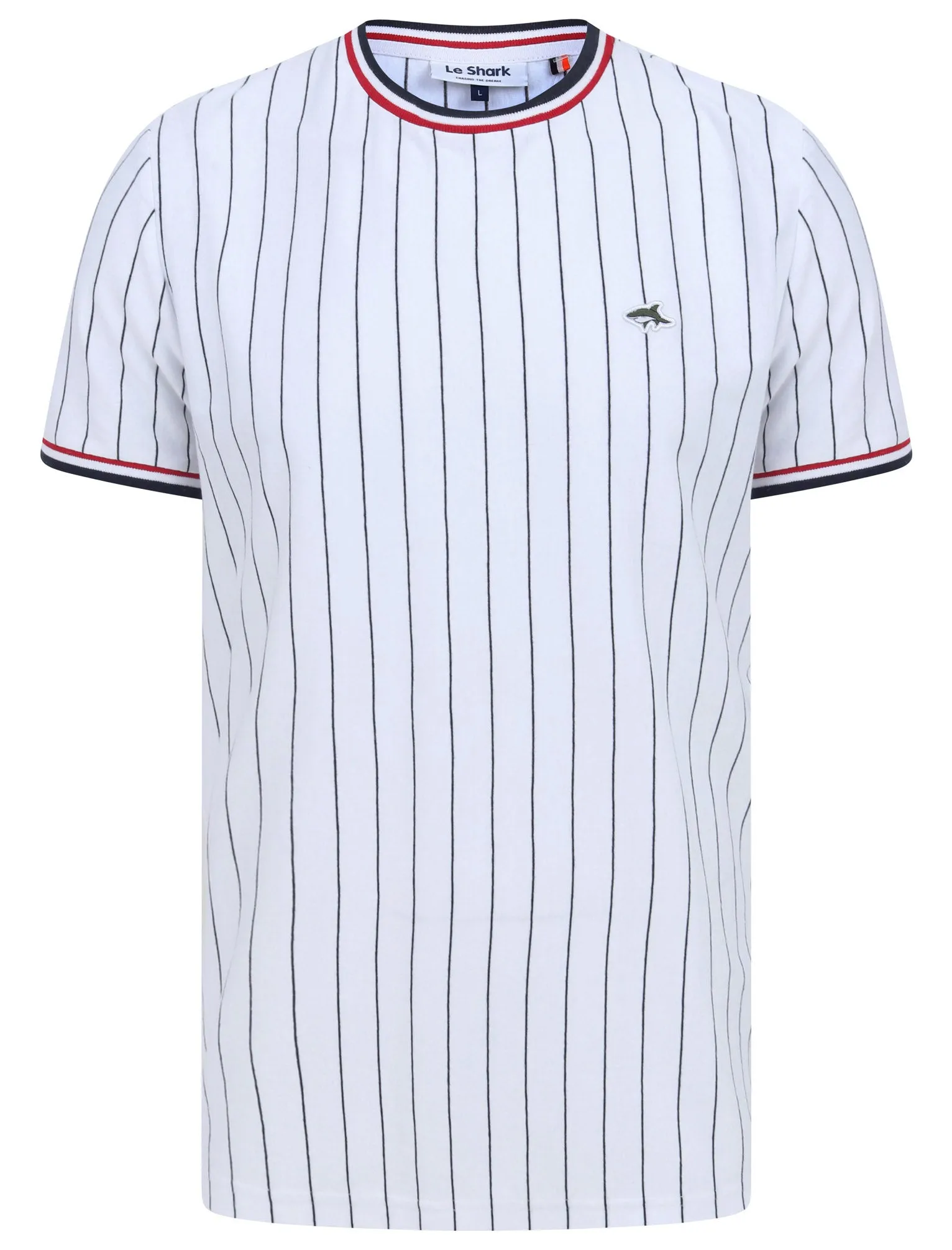 Montague Pinstripe Cotton Jersey T-Shirt with Ribbed Tipping in Bright White - Le Shark