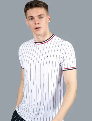 Montague Pinstripe Cotton Jersey T-Shirt with Ribbed Tipping in Bright White - Le Shark