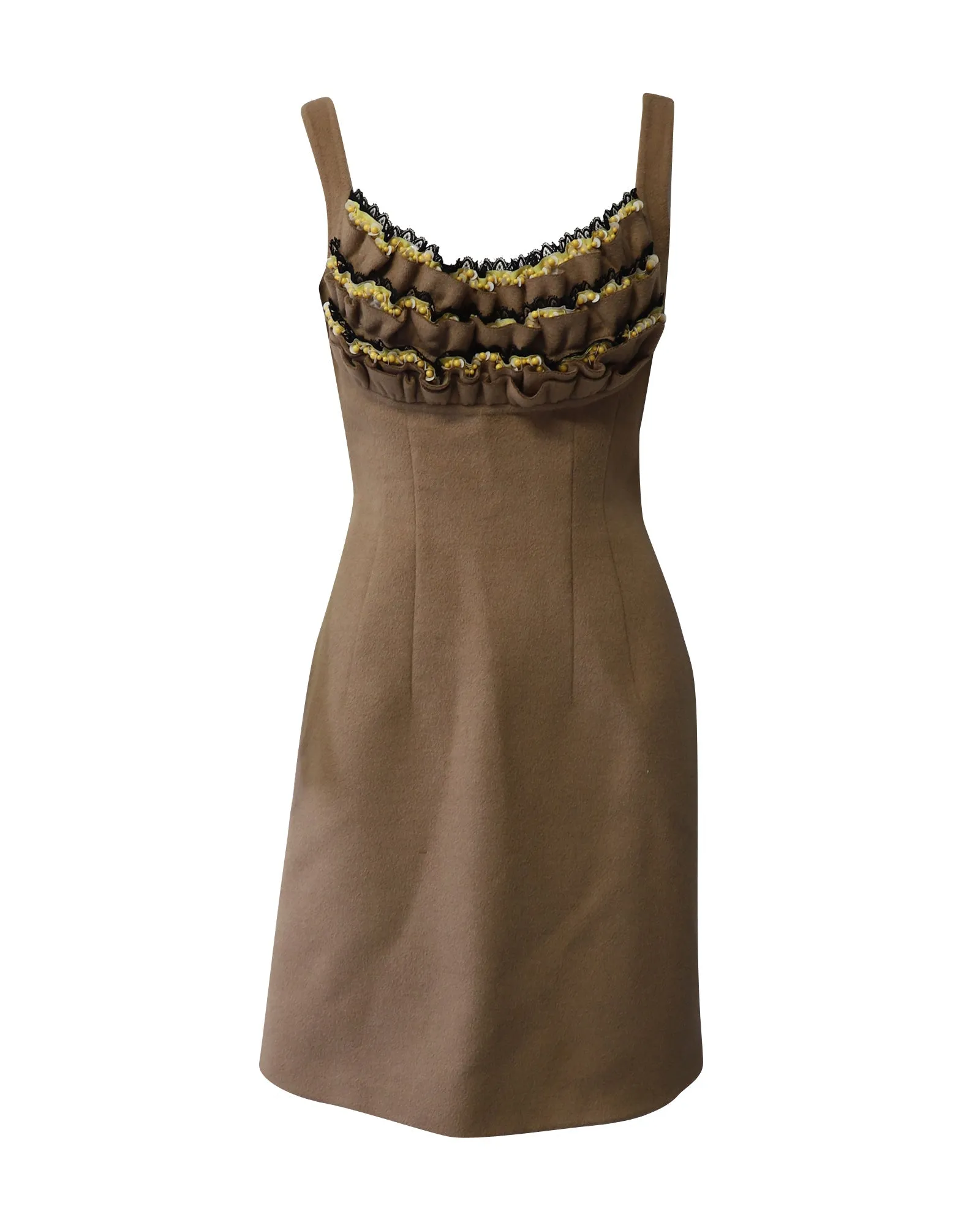 Prada Beaded Ruffle Sleeveless Dress in Nude Brown Wool