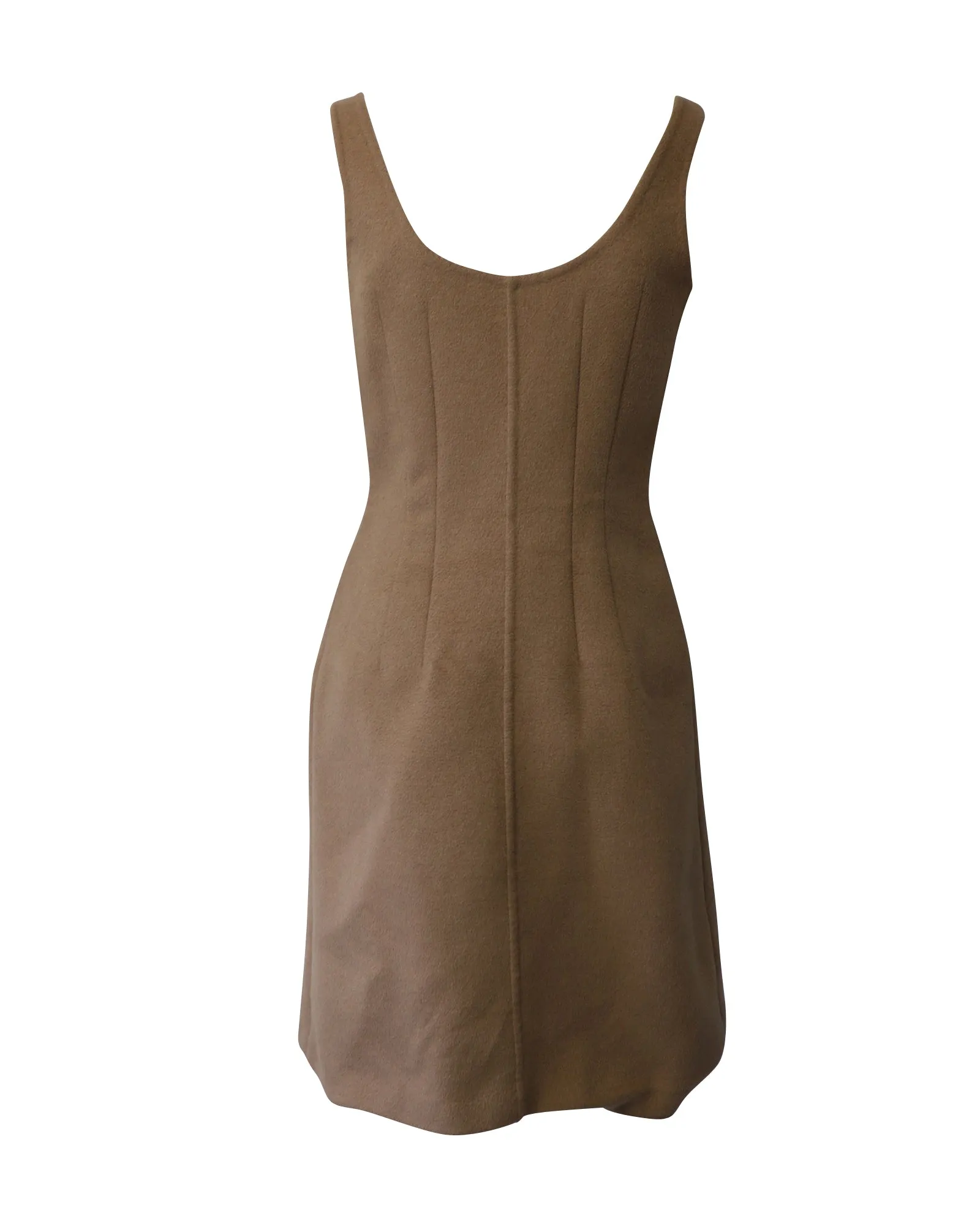 Prada Beaded Ruffle Sleeveless Dress in Nude Brown Wool