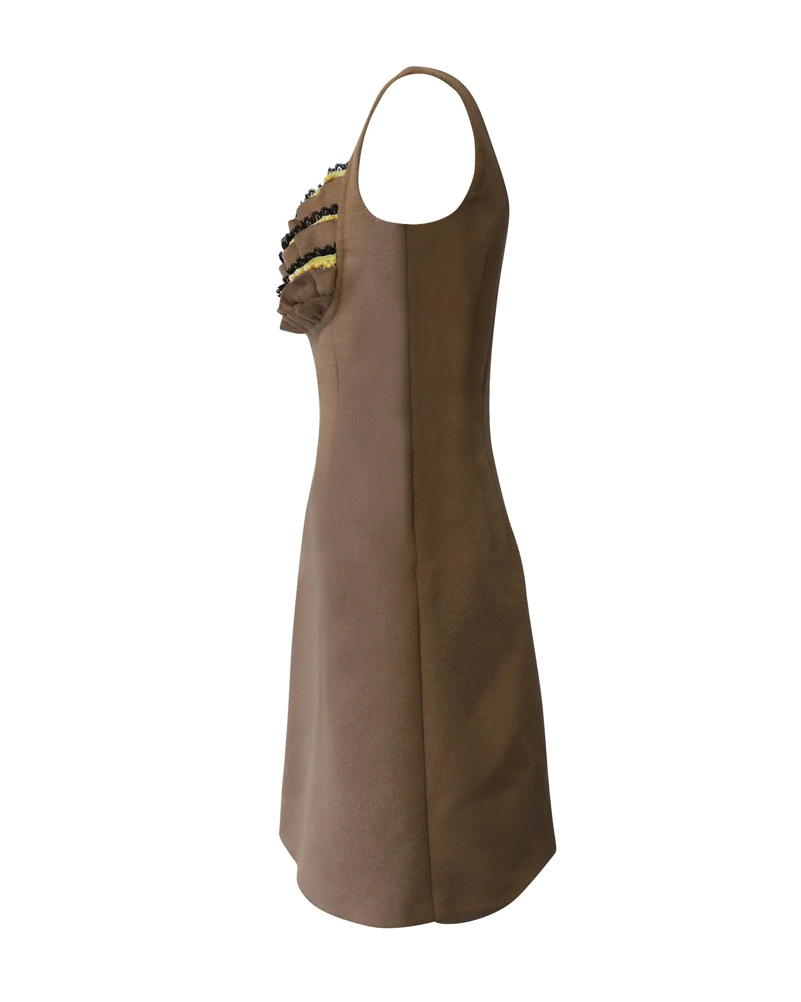 Prada Beaded Ruffle Sleeveless Dress in Nude Brown Wool