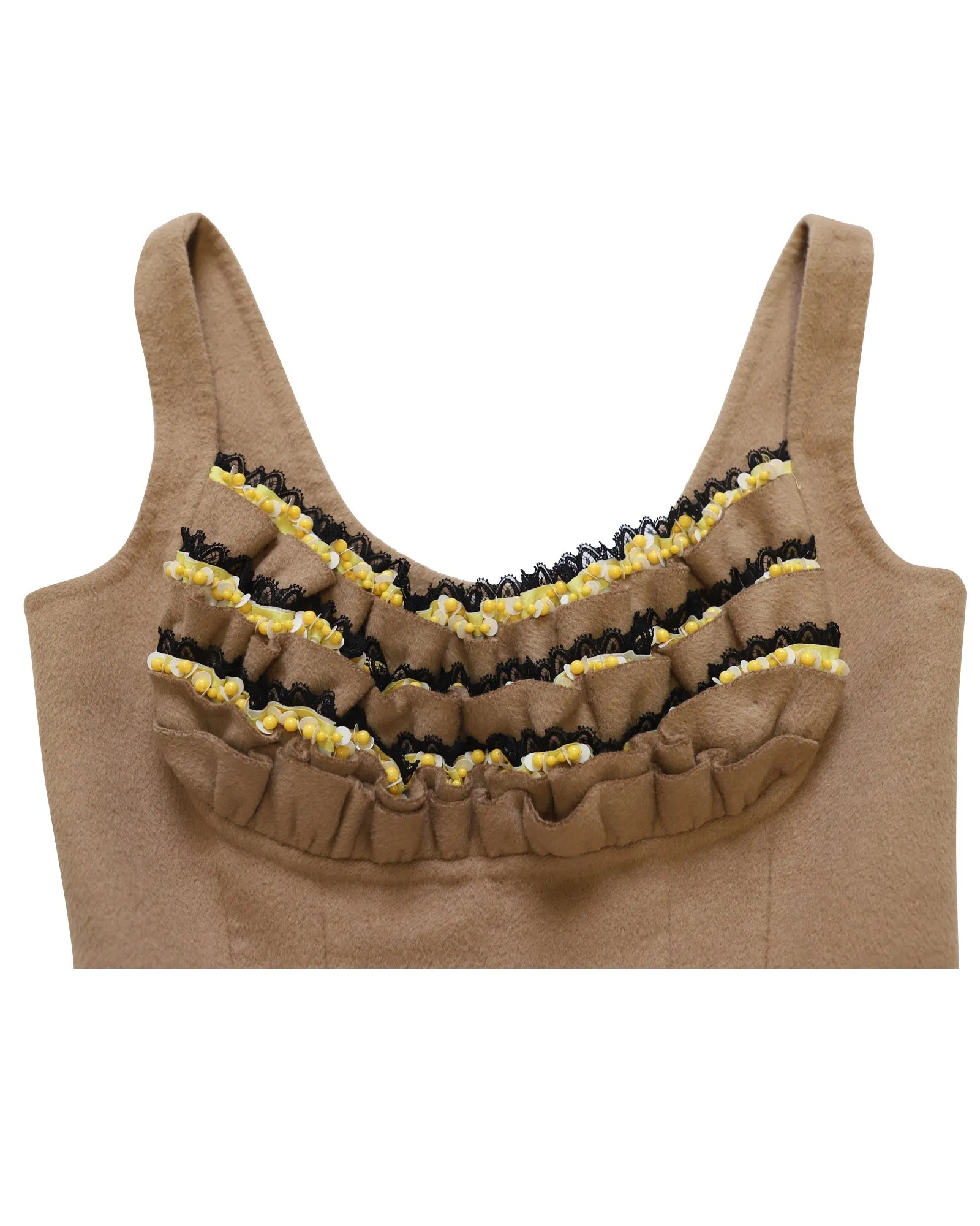 Prada Beaded Ruffle Sleeveless Dress in Nude Brown Wool