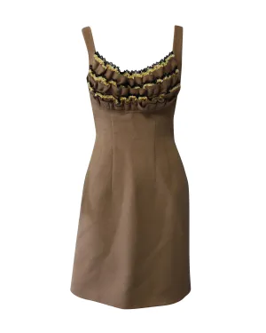 Prada Beaded Ruffle Sleeveless Dress in Nude Brown Wool