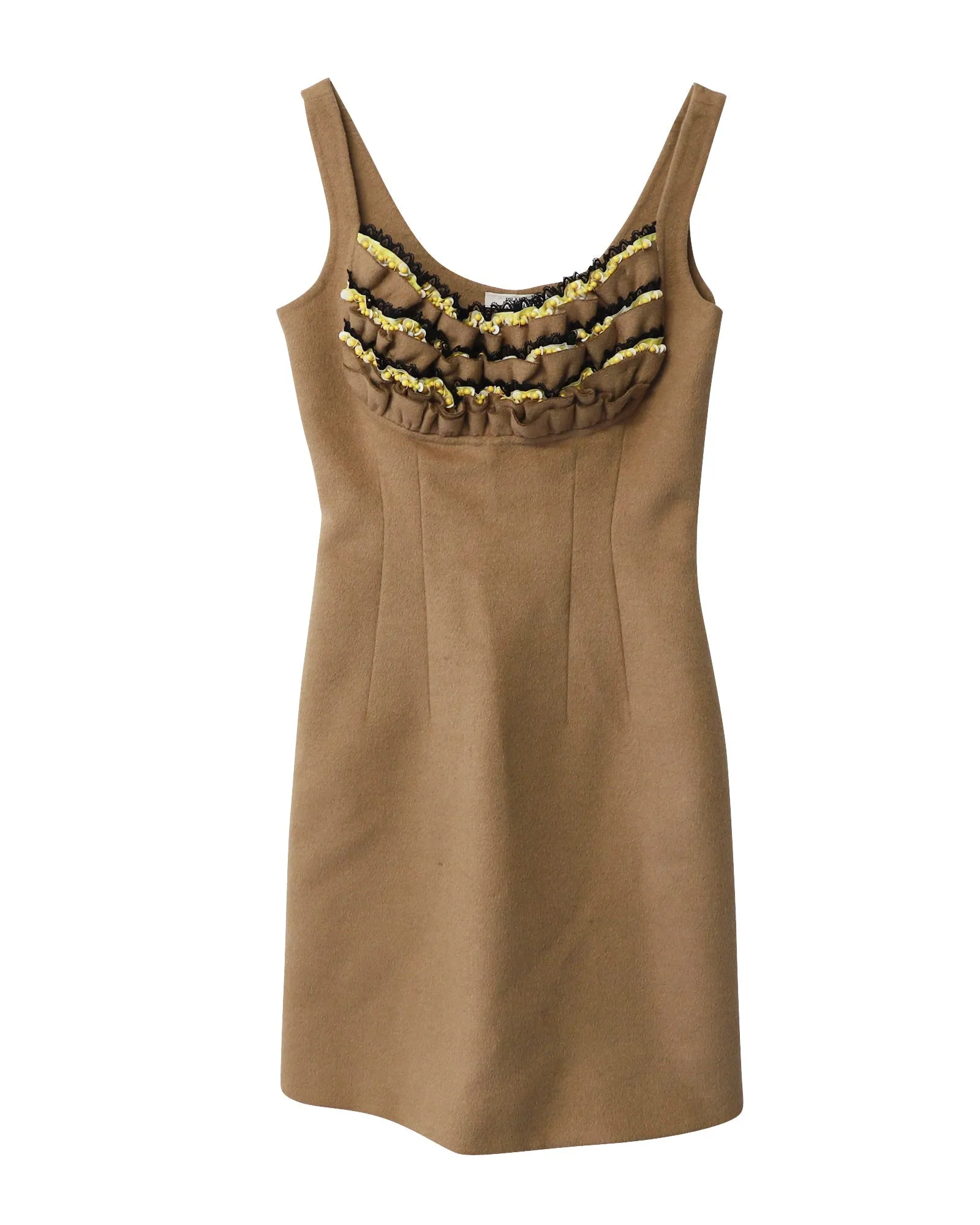 Prada Beaded Ruffle Sleeveless Dress in Nude Brown Wool