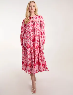 Printed Tiered Keyhole Tassel Dress