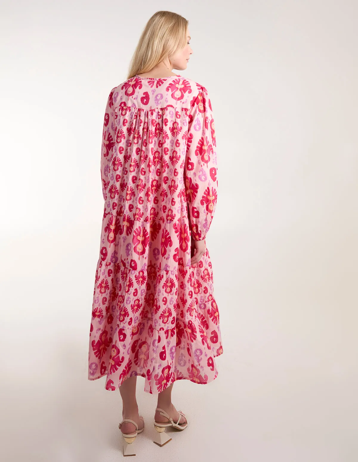 Printed Tiered Keyhole Tassel Dress