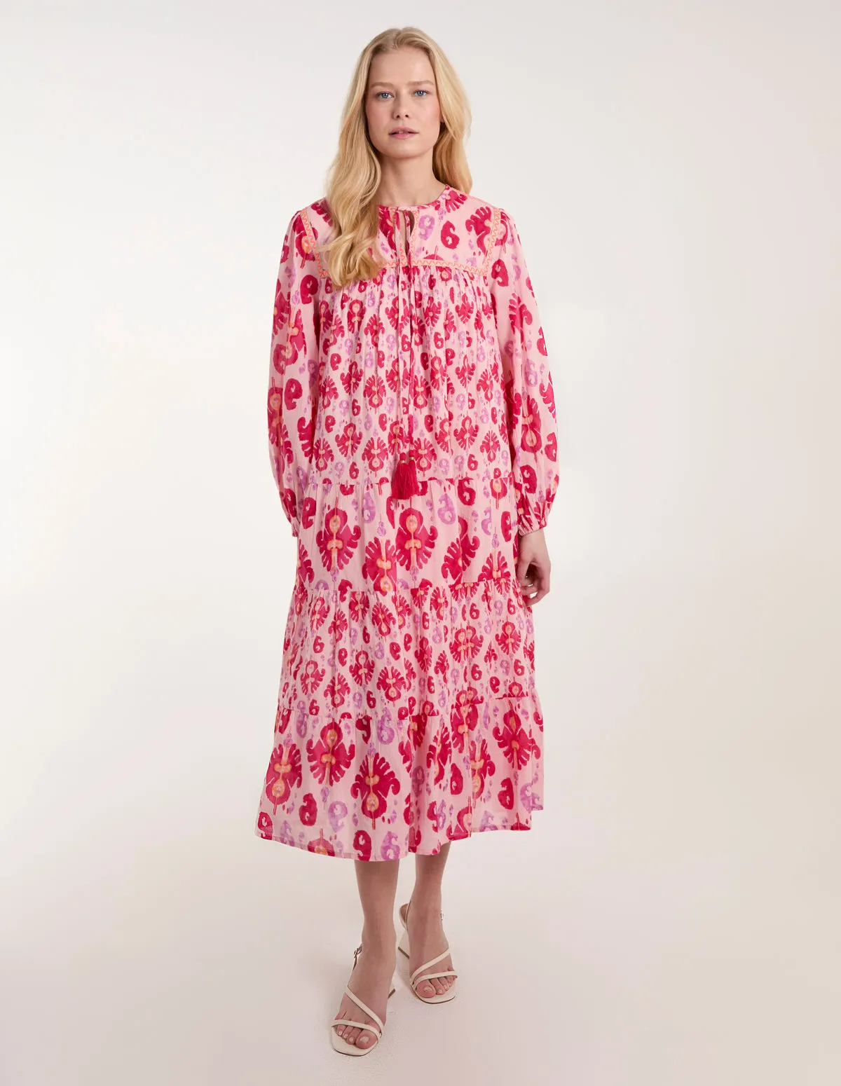 Printed Tiered Keyhole Tassel Dress