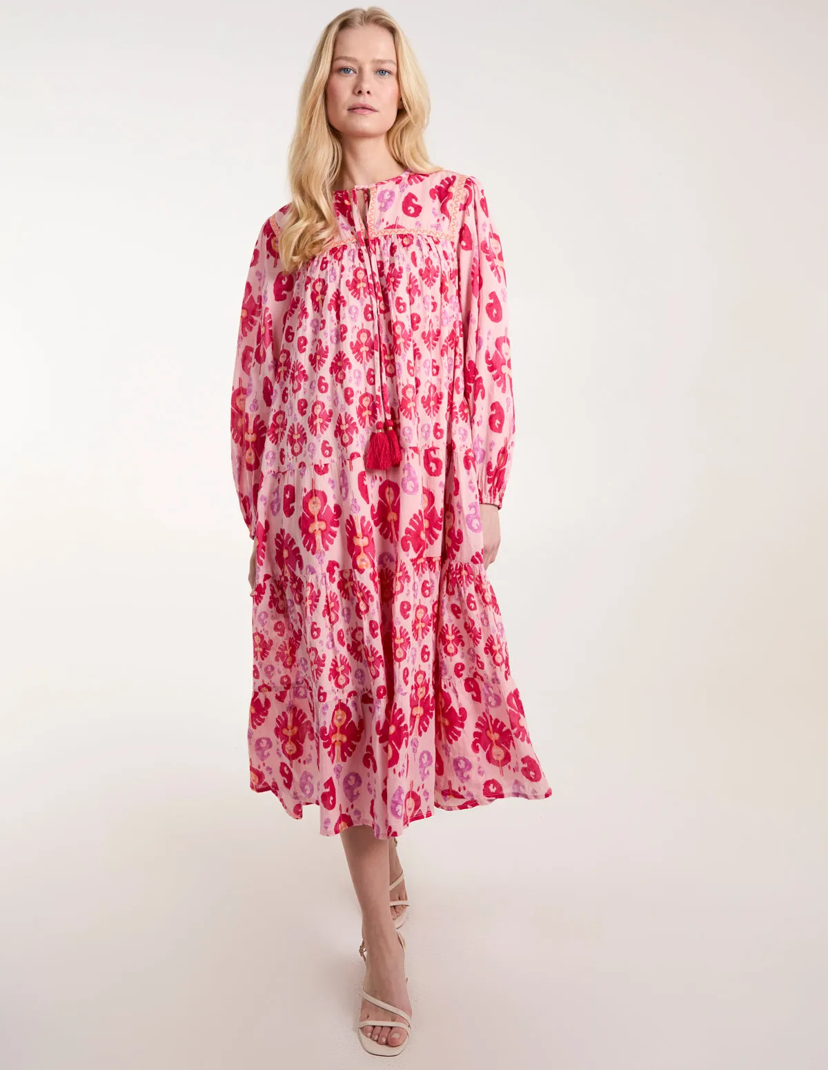 Printed Tiered Keyhole Tassel Dress
