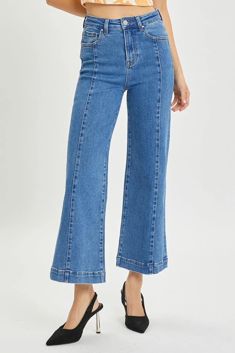 RISEN High Rise Wide Leg Front Seam Trouser Flare Cropped Jeans
