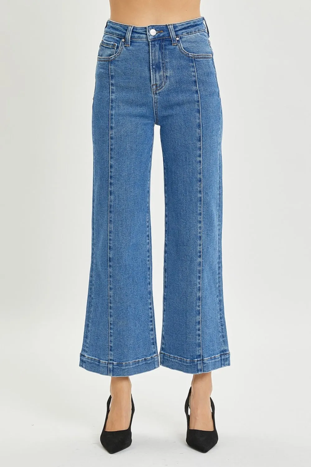 RISEN High Rise Wide Leg Front Seam Trouser Flare Cropped Jeans