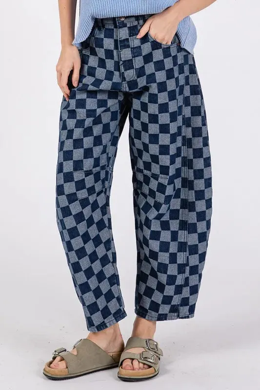 SAGE FIG Barrel Style Leg Checkered Print Jeans In Denim Blue