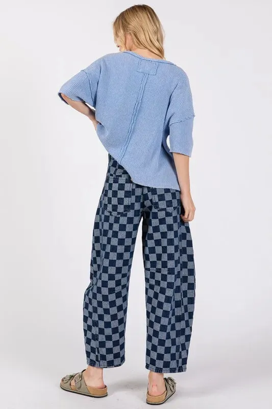 SAGE FIG Barrel Style Leg Checkered Print Jeans In Denim Blue