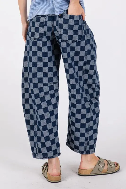 SAGE FIG Barrel Style Leg Checkered Print Jeans In Denim Blue