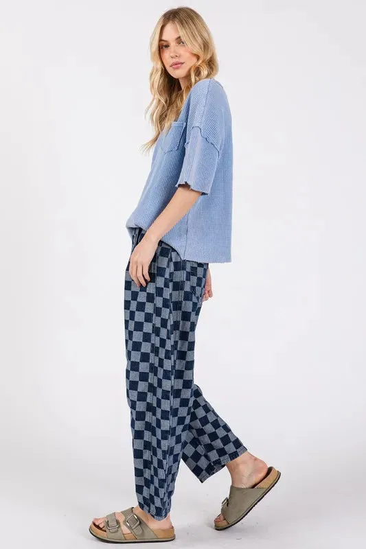 SAGE FIG Barrel Style Leg Checkered Print Jeans In Denim Blue