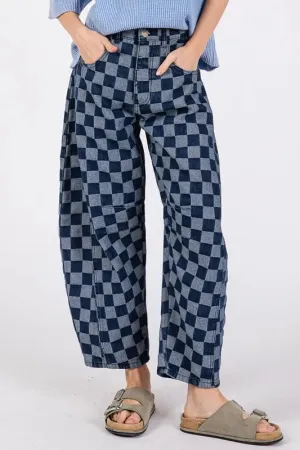 SAGE FIG Barrel Style Leg Checkered Print Jeans In Denim Blue