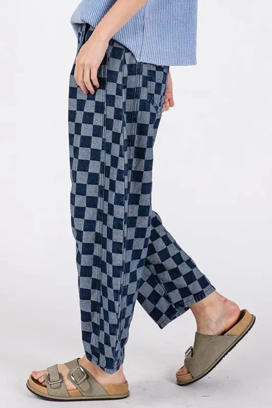 SAGE FIG Barrel Style Leg Checkered Print Jeans In Denim Blue