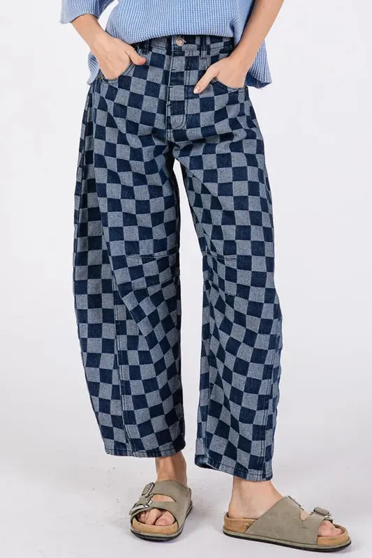 SAGE FIG Barrel Style Leg Checkered Print Jeans In Denim Blue