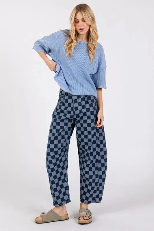 SAGE FIG Barrel Style Leg Checkered Print Jeans In Denim Blue