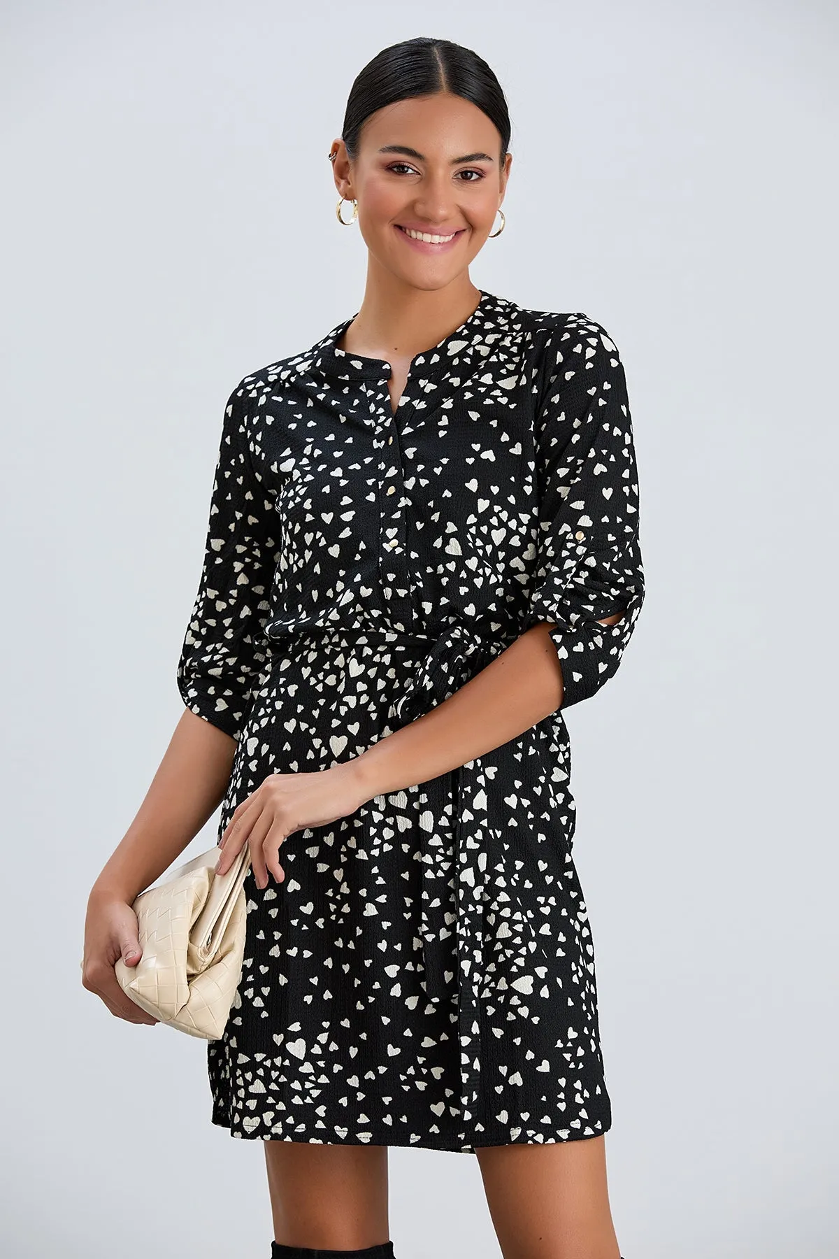 Shirt Mini Dress in Black/White heart print