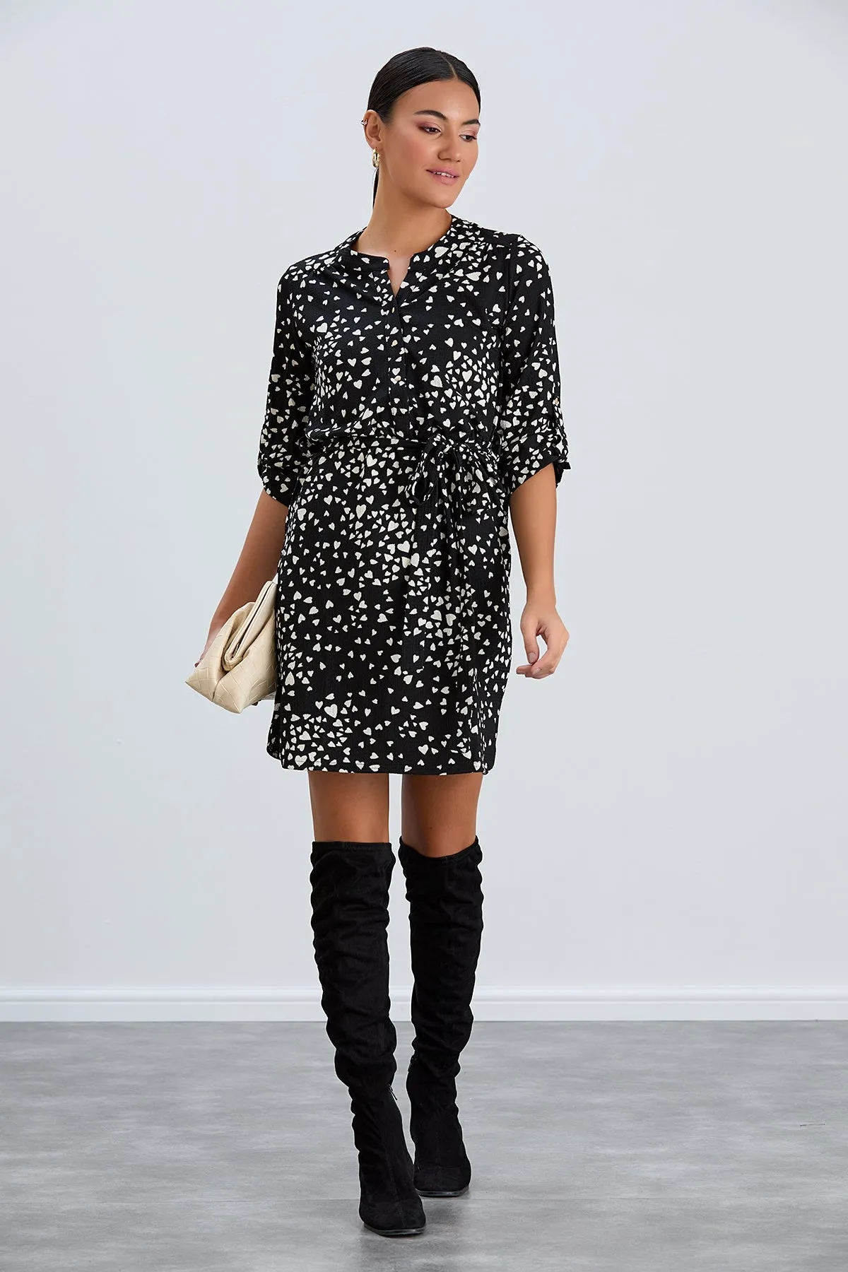 Shirt Mini Dress in Black/White heart print