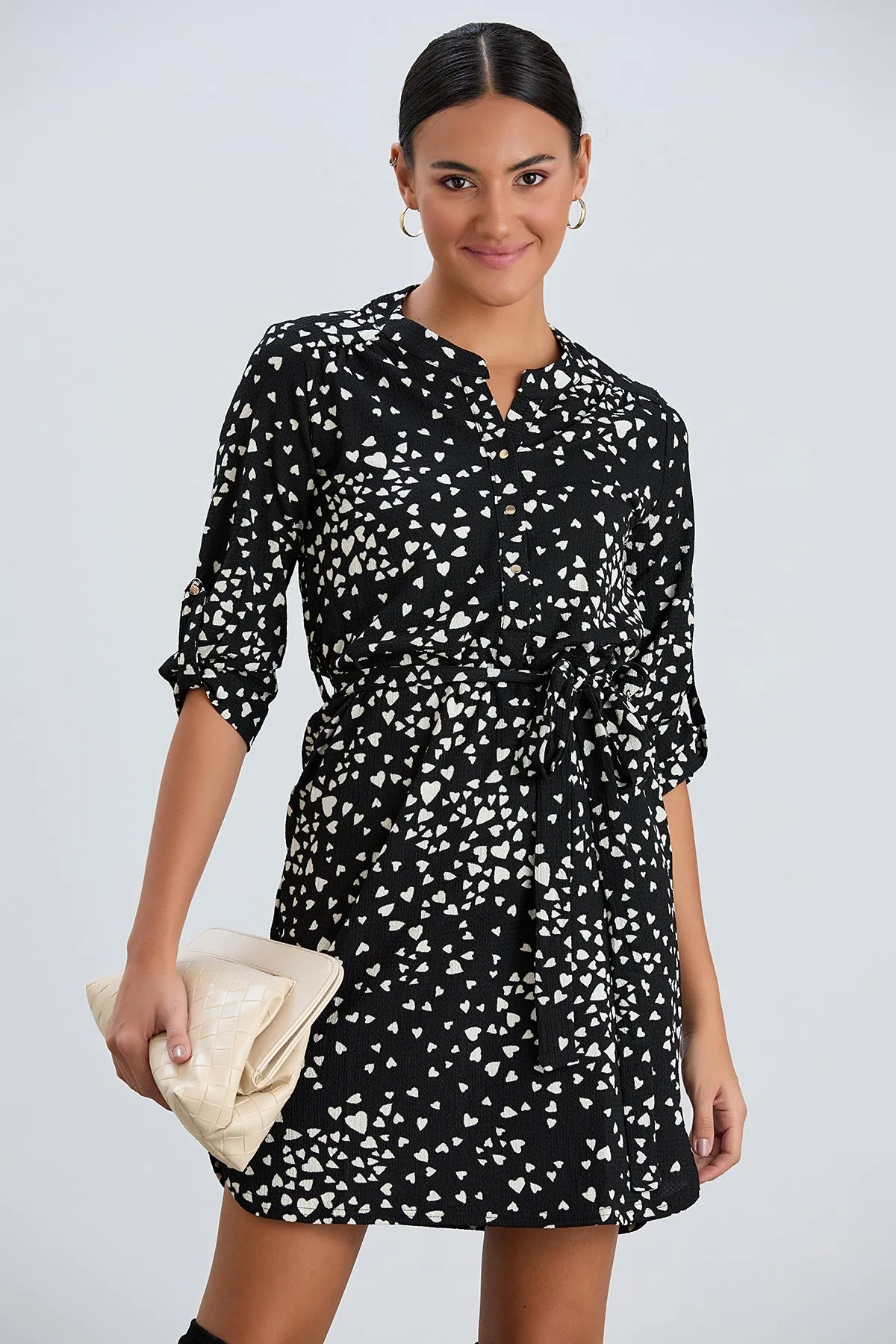 Shirt Mini Dress in Black/White heart print