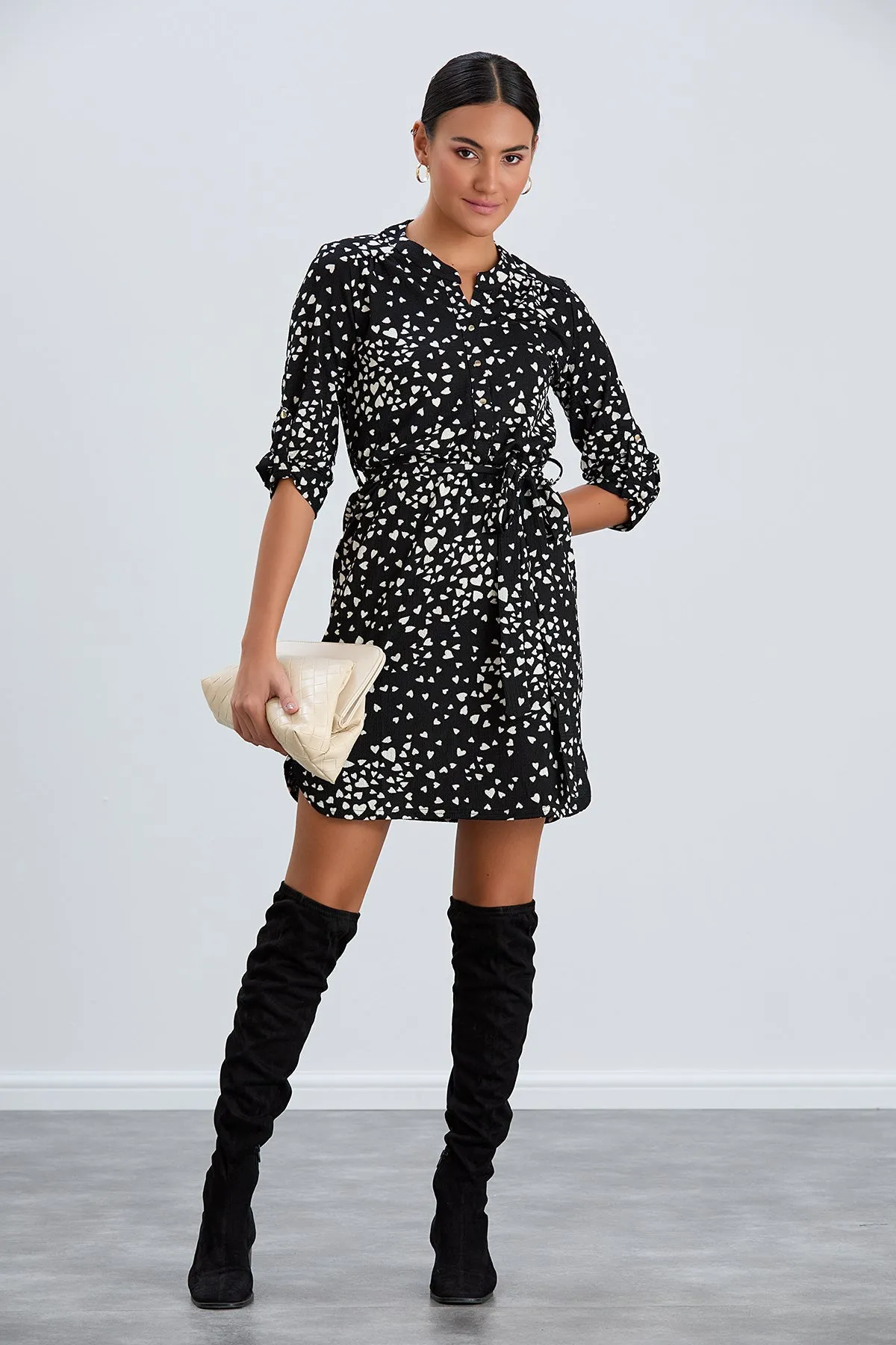 Shirt Mini Dress in Black/White heart print